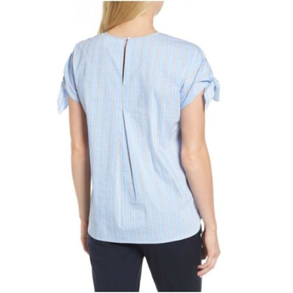 Nordstrom Signature Top XS NWT Tie-Sleeve Striped Luxury Spring Pastel Blue - Picture 6 of 10